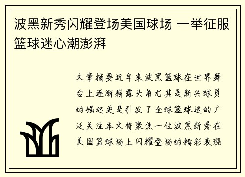 波黑新秀闪耀登场美国球场 一举征服篮球迷心潮澎湃