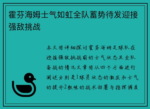 霍芬海姆士气如虹全队蓄势待发迎接强敌挑战