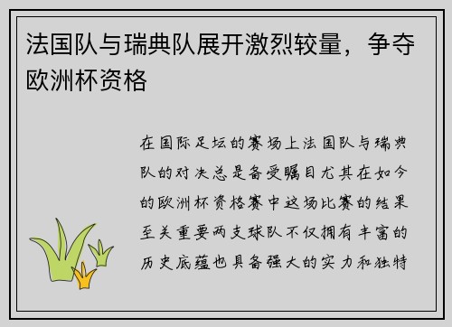 法国队与瑞典队展开激烈较量，争夺欧洲杯资格