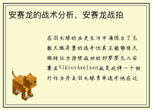 安赛龙的战术分析，安赛龙战拍