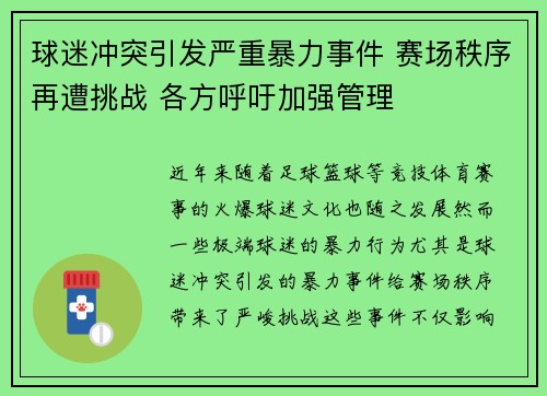 球迷冲突引发严重暴力事件 赛场秩序再遭挑战 各方呼吁加强管理