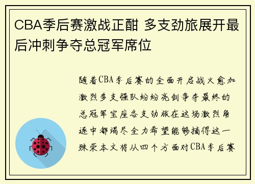 CBA季后赛激战正酣 多支劲旅展开最后冲刺争夺总冠军席位